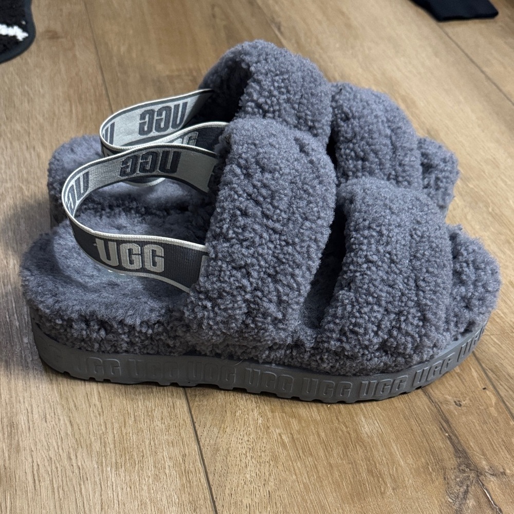 UGG Charcoal Fluffy Platform Slide Sandals